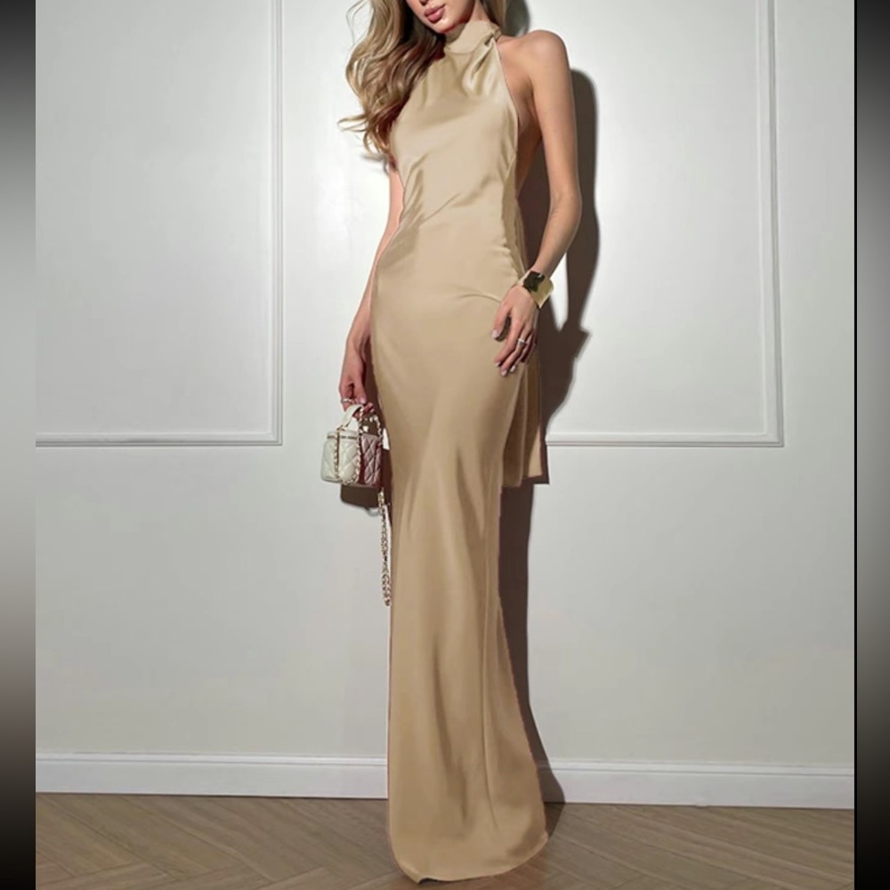 NEW Elegant Cream Halter Maxi Dress